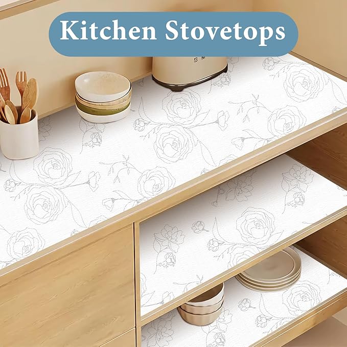Shelf Liners for Kitchen Cabinets 23.6in x 30FT Non Adhesive Drawer Liner Sliver Floral Thickened Shelf Liner Paper Strong Non-Slip Easy to Clean for Tool Box Refrigerator with Knife and Tape Measure