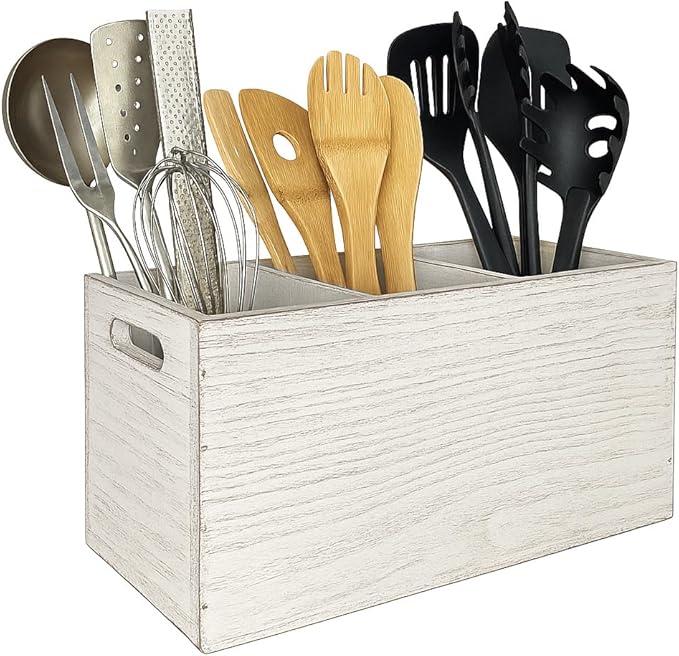 Wood Utensil Holder Organizer for Counter - Large Wooden Utensil Caddy for Countertop - 3 Compartment Cooking Tool Storage for Spatula - Farmhouse Kitchen Decor and Accessories (White)