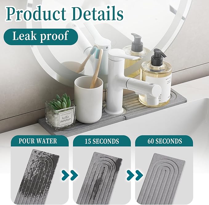 ODE TO ORDER Stone Faucet Mat for Kitchen Sink, kitchen sink splash guard for Bathroom Counter,15.7 Inch Light Grey Diatomite water-Absorbing Drying Stone Mat, Sink faucet Stone Tray Protector