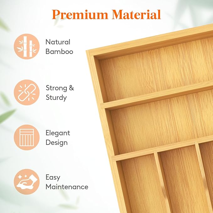 Lifewit Silverware Drawer Organizer, Utensil Tray for Kitchen, 7 Slot Bamboo Flatware and Cutlery Holder, Wood Storage for Spoons Forks Knives, 12.9 x 16.5 Inches, Natural