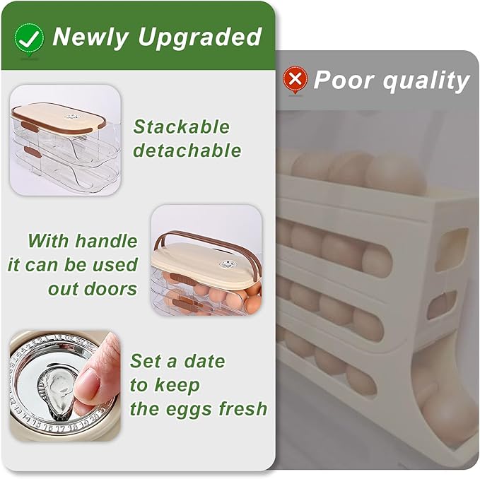Automatic Rolling Egg Holder for Fridge 2-Layer Stackable Egg Organizer for Refrigerator Clear BPA-Free Egg Container with Lid Large-Capacity Egg Dispenser & Egg Storage Rack Holds 28 Eggs