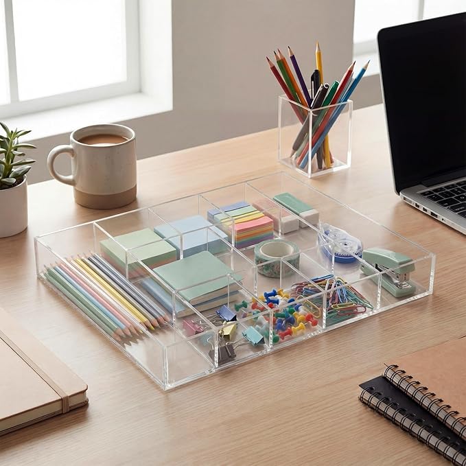 Clear Acrylic Desk Drawer Organizer Storage Tray Organizer for Pens, Stationery, Desktop, Office, Bathroom, Kitchen, Makeup Supplies(10 Compartments)