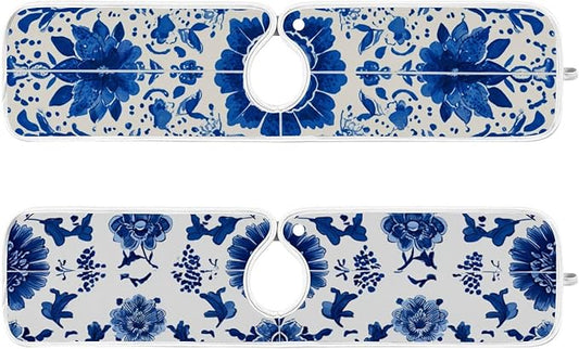 2 PCS Kitchen Sink Splash Guard 23.6 Inch Faucet Mat for Kitchen Sink Bathroom Sink Faucet Absorbing Drip Drain Mat Pad Microfiber Soft Washable Floral Blue and White Tile