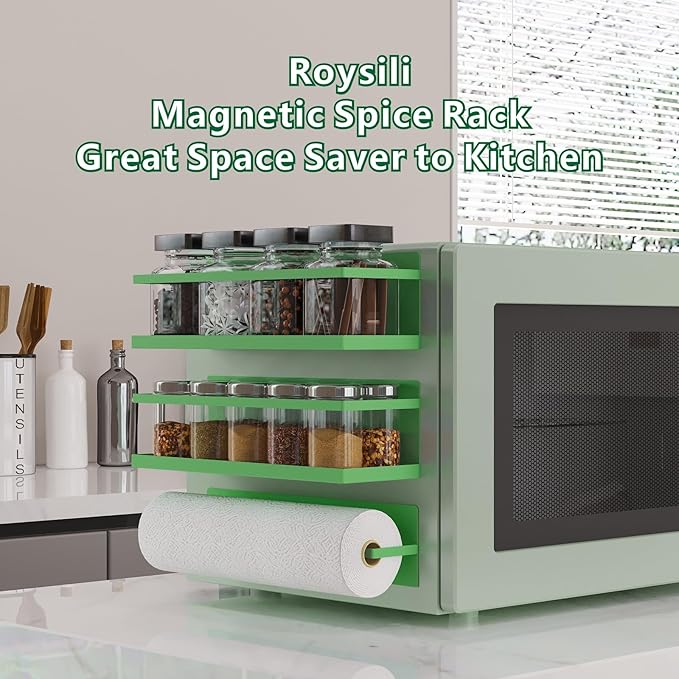 Roysili Magnetic Spice Rack For Refrigerator Magnetic Fridge Shelf For Kitchen Spice Organizer Magnetic Shelf For Fridge Space Saving Green 4 Pack With Magnetic Paper Towel Holder