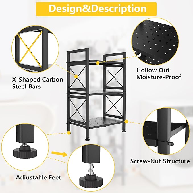 GIOTORENT 3-Tier Industrial Metal Bookcase, Narrow Bookshelf for Bedroom & Living Room - Tall Storage Shelf for Books Movies CDs, 16.8" W x 12.8" D x 30.8" H, Black