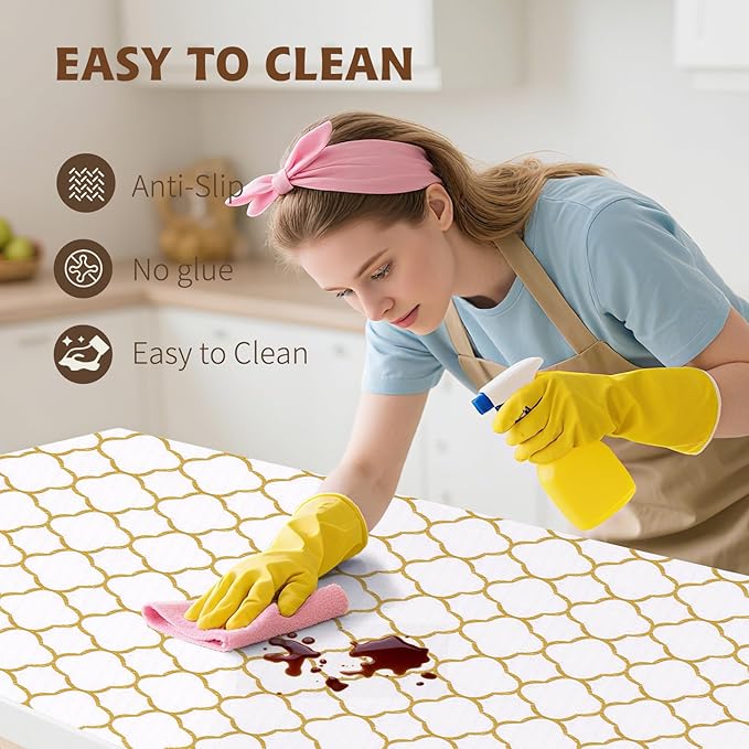 Shelf Liners for Kitchen Cabinets 12in x 20FT Non Adhesive Drawer Liner Gold Quatrefoil Thickened Shelf Liner Paper Strong Non-Slip Easy to Clean for Tool Box Refrigerator with Knife and Tape Measure