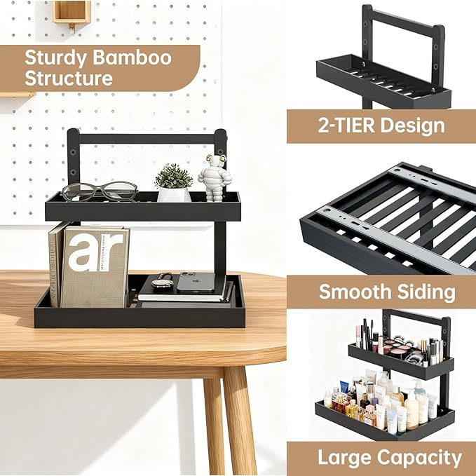 Bamboo Undersink Organizer Storage - 2-Tier Cabinet Shelf with Adjustable Levels, Under Sink Storage Slide Out for Cabinet Pantry Kitchen Bathroom