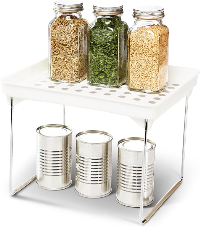 Madesmart Small Stackable Storage Shelf for Cabinets or Counters, Plastic Collapsible Cabinet Shelf for Home Organization, White , 9.38 x 7.63 x 1.5 in