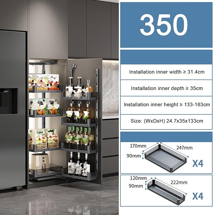 WIGING 4-Tier Narrow Cabinet Pull-Out Basket, High Cabinet Pull-Out Storage Rack with Adjustable Dividers for Kitchen Bathroom Pantry, Single-Layer Load Capacity: 15kg(24.7x35x133cm)