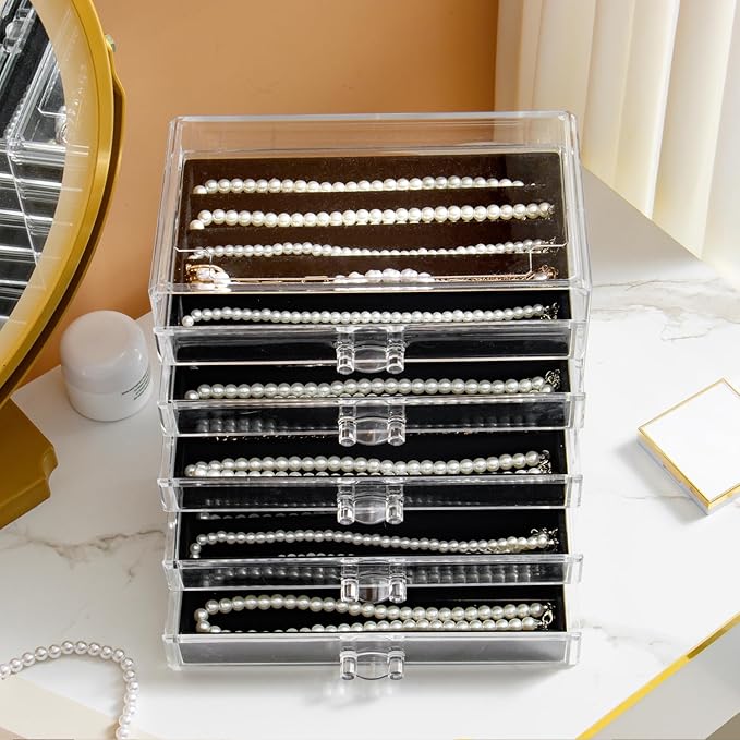 Necklace Holder Organizer, Dustproof Necklace Box Velvet Necklace Organizer Box with Lid Clear Acrylic Dustproof Stackable Jewelry Displays for Necklaces Chain Display (Black, 5 Drawer)