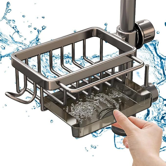 Eadwe Sink Organizer Rack for Kitchen and Bathroom, 2024 New Kitchen Sink Faucet Organizer with Drip Tray Faucet Sponge Holder (Grey, Left)