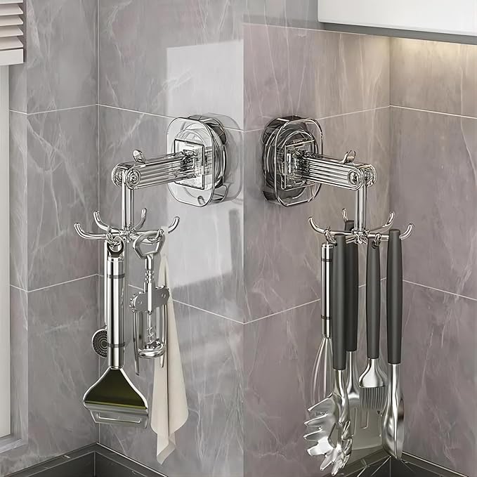 Hanging Utensil Holder Hooks Kitchen Utensil Hanger Wall Mount 360° Rotating Folding Hook Strong Suction Cup Hook Utensil Rack with 6 Hooks for Kitchen Bathroom Cabinet (Transparent Grey)