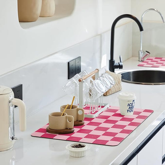 Checkered Dish Drying Mat for Kitchen Counter, Coffee Bar Station Accessories, Retro Cute Aesthetic Modern Absorbent Drainer Mat Kitchen Drying Mat Easy Clean, Hot Pink 12" x 19"