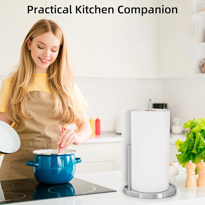 Paper Towel Holder Countertop, Freestanding Paper Towel Roll Holder with Weighted Base, Stainless Steel Standing Papertowel Holder for Kitchen, Silver
