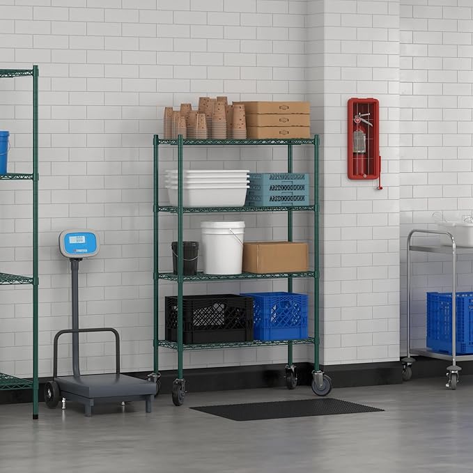 Commercial NSF Listed Green Epoxy Mobile Wire Shelving Kit 14" x 36" x 60", with 4 Shelves Perfect for Warehouse, Walk-in Refrigerator, Freezer, Grocery Store, Restaurant, Dishroom