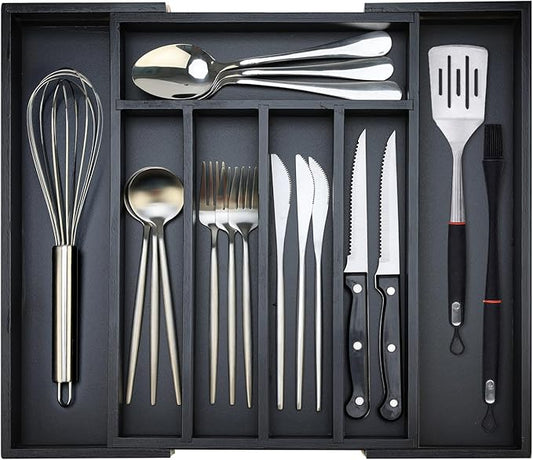 Bamboo Kitchen Drawer Organizer Tray Black Expandable Spoon Silverware Organizer Large Utensil Holder Drawers Divider Adjustable Cutlery Flatware Organizers for Drawer Wood Utensil Silverware Tray