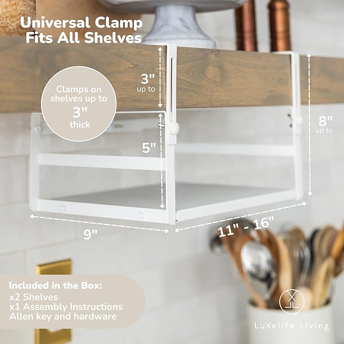 Under Shelf Storage Basket Organizer Expandable - Adjustable Width Height Cabinet Space Saver - Clip On Metal Hanging Rack - 30lb Capacity Kitchen Office Bathroom Declutter Solution - 2 Pack, White