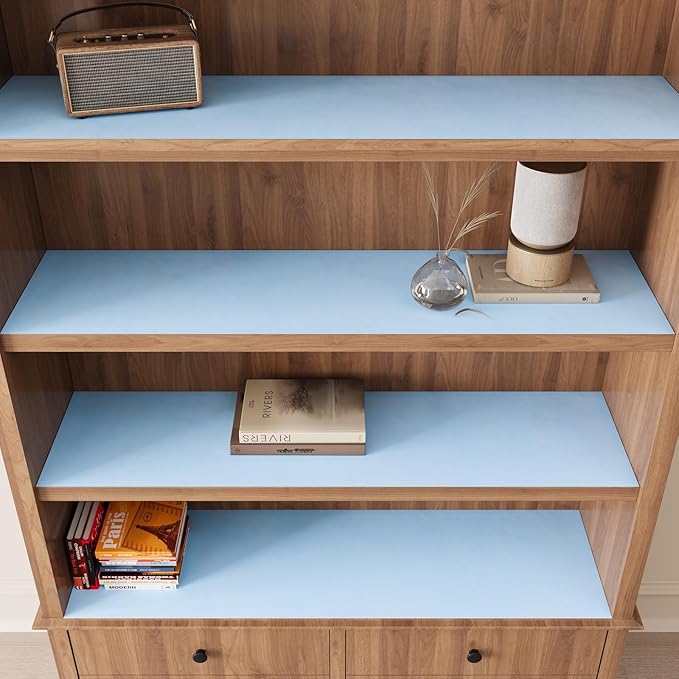 VaryPaper 15.7" x 78.7" Light Blue Flocking Velvet Drawer Liner Self Adhesive Felt Lining Soft Fabric Jewelry Box Liner Velvet Wallpaper Peel and Stick Blue Contact Paper for Cabinets Dresser Shelves