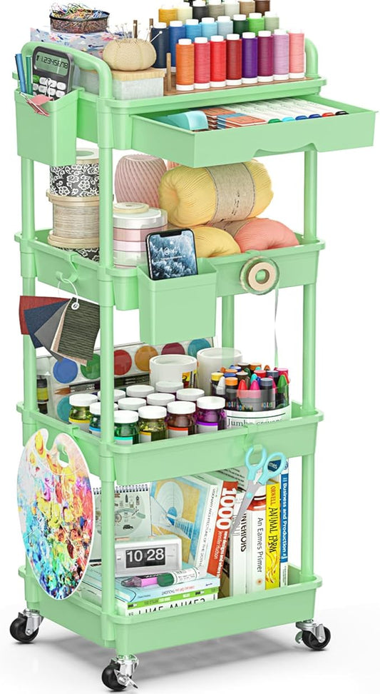 4 Tier Rolling Utility Cart with Drawer, Storage Organizer Cart with 2 Lockable Wheels, Multifunctional Rolling Storage Cart for Bathroom, Kitchen, Craft, Makeup, Baby Essentials, Green
