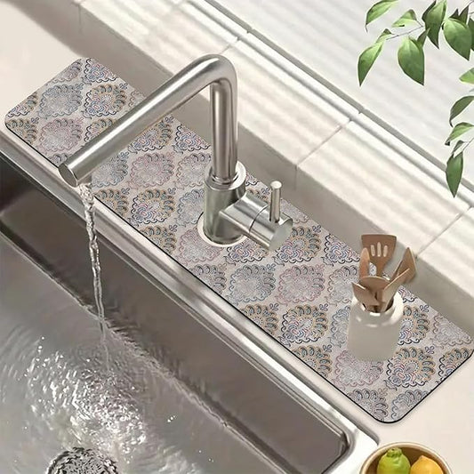 Grey Ceramic Printing Sink Faucet Absorbing Mat Ceramic Texture Super Absorbent Fast Drying Mat Sink Gadgets Behind Faucet Sinkmat for Kitchen Bathroom, 23.5"x5.5"