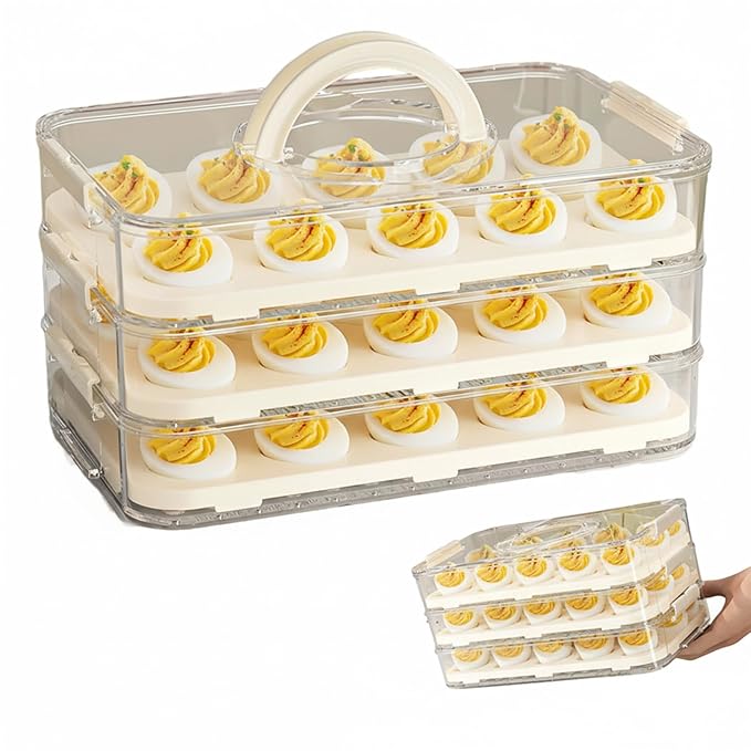 Deviled Egg Containers with Lid, Deviled Egg Carrier 3-Layer Plastic Clear Tray with Lid & Handle & Buckle Thickened 60 Holder for Fridge, Travel, Party, Carrier