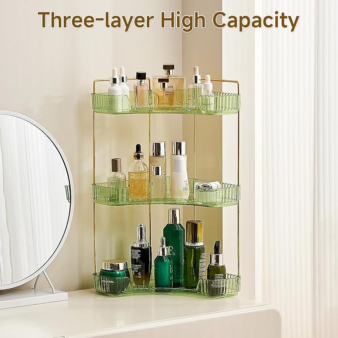3-Tier Corner Bathroom Counter Organizer, Plastic Countertop Makeup Organizer, Large Capacity Vanity Bathroom Perfume Shelf Rack for Kitchen Office Desktop (Green)