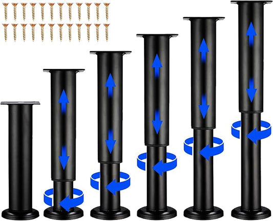 6 PCS Adjustable Height Bed Support Legs for Bed Frame/Bed Center Slat, Heavy Duty Furniture Replacement Legs 7.08-12.2 inch for Sofa/Cabinet/Couch/Dresser/Table (Black)