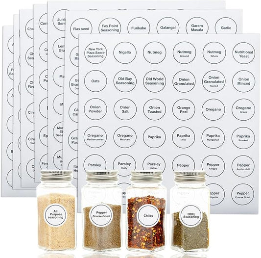 Spice Labels, 432Pcs Spice Labels Stickers 1.4in Waterproof Adhesive Round Preprinted Spice with Blank Label Black Tear Resistant Sticker for Kitchen Jars Caps Food Containers Organizers (White)