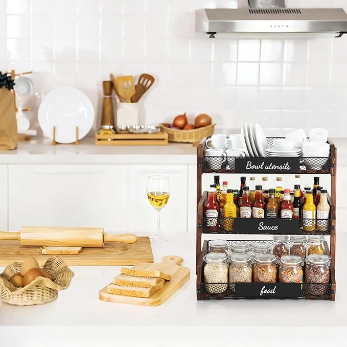 3 Tier Fruit Basket for Kitchen Counter Organizer with Banana Hangers Wooden Fruit Basket Kitchen Counter Storage Holder for Onion Potato Bread Vegetable Organize(15.75 x 13.7 x 16.9 Inches)