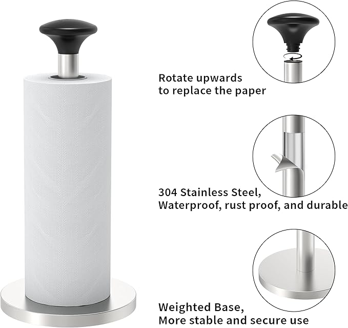 Paper Towel Holder Countertop, Standing Paper Towel Dispenser with Weighted Base, Stainless Steel Paper Towel Holder for Kitchen, One-Handed Operation(Brushed Nickel)