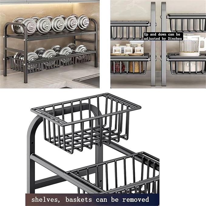 Under Sink Organizers, 2 Tier Stretchable Cabinet Shelf Organizer with 4 Removable Panels and 4 Under Shelf Basket for Under Bathroom Storage,Under Cabinet Shelves,kitchen Sink Storage Rack (black)