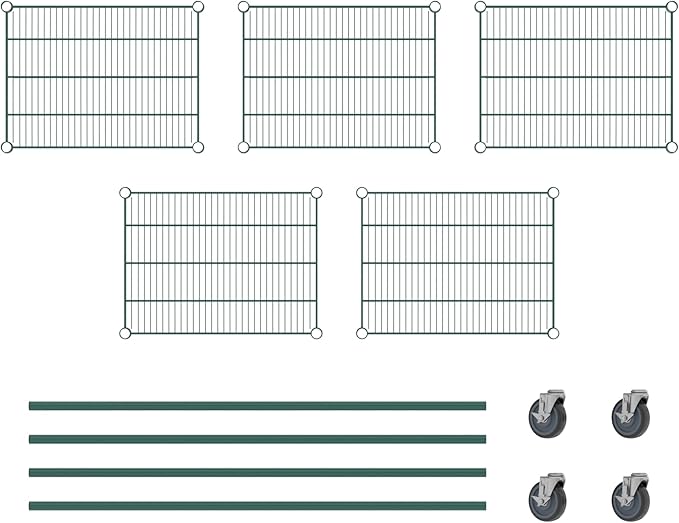 Commercial NSF Listed Green Epoxy Mobile Wire Shelving Kit 18" x 24" x 60", with 5 Shelves Perfect for Warehouse, Walk-in Refrigerator, Freezer, Grocery Store, Restaurant, Dishroom