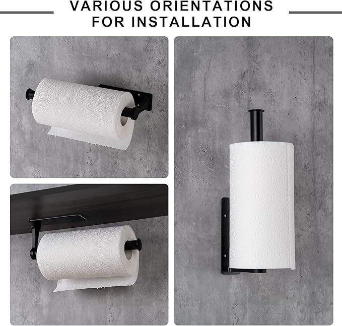 Paper Towel Holder, Aluminum Alloy Paper Towel Holders, Stylish Wall Mount and Under Cabinet Paper Towel Holders for Easy Access (Black)
