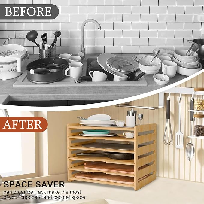 6 Tier Wooden Tray Dividers for Cabinets, Kitchen Vertical Tray Divider Organizer for Storing Baking Sheets Pans Lids Cutting Boards