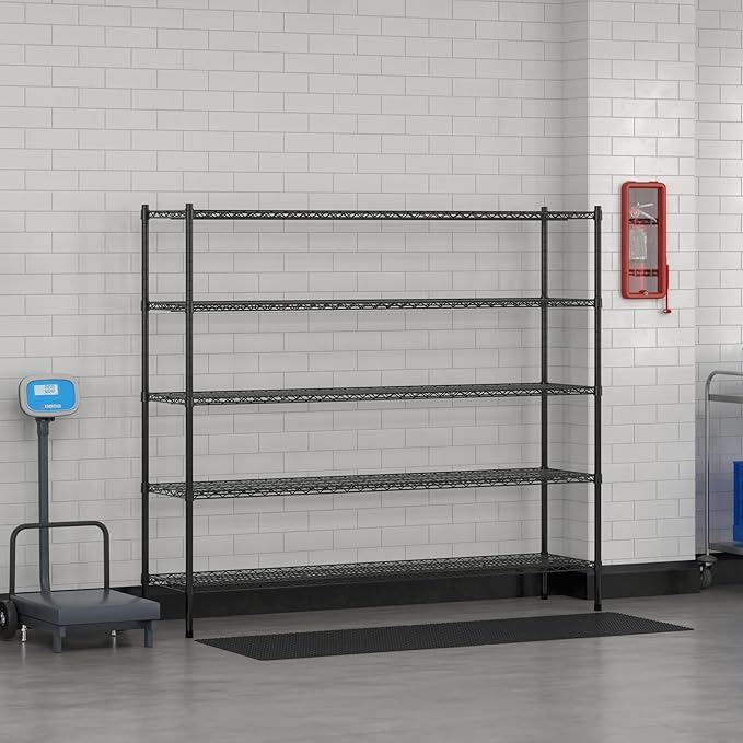 Commercial NSF Listed Black Epoxy Stationary Wire Shelving Kit 18" x 72" x 64", with 5 Shelves Perfect for Warehouse, Walk-in Refrigerator, Freezer, Grocery Store, Restaurant, Dishroom