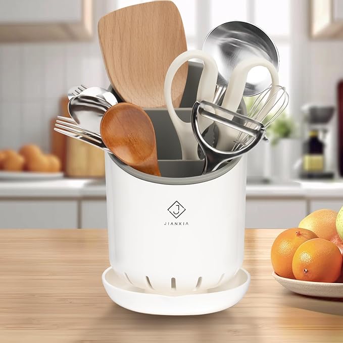 Utensil Drying Holder for Kitchen Counter，Kitchen Utensil Crock with Detachable Base Self Draining Small Utensil Cutlery Flatware Silverware Holder Drainer Cup（White）