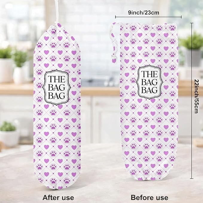 The Bag Bag Grocery Bags Holder, Purple Paw & Heart Pattern Grocery Bags Holder Organizer for Shopping Sack, Reusable Hanging Trash Sack Dispenser, Kitchen Gift for Women Family Friends Grandma Mom