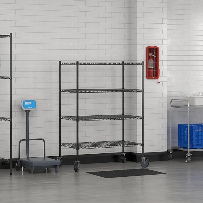 Commercial NSF Listed Black Epoxy Mobile Wire Shelving Kit 24" x 42" x 60", with 4 Shelves Perfect for Warehouse, Walk-in Refrigerator, Freezer, Grocery Store, Restaurant, Dishroom
