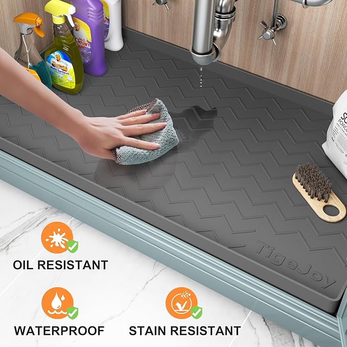TigeJoy Under Sink Mats for Kitchen Waterproof, Leak-Proof Silicone Mat Sink Protector and Cabinet Liner, Kitchen Essentials Organizer and Storage 31" x 22" Light Grey