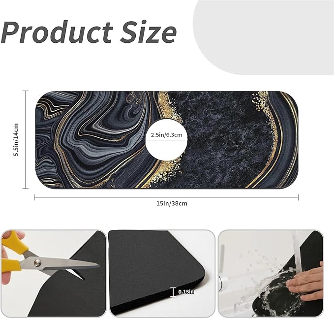 Kitchen Sink Splash Guard，Abstract black gold marble Faucet Mat Sink Gadgets-Super Absorbent Fast Drying Mat Drip Catcher for Kitchen, Bathroom,Sink Mat, Dish Drying Mat, Bathroom(15" X 5.5" )