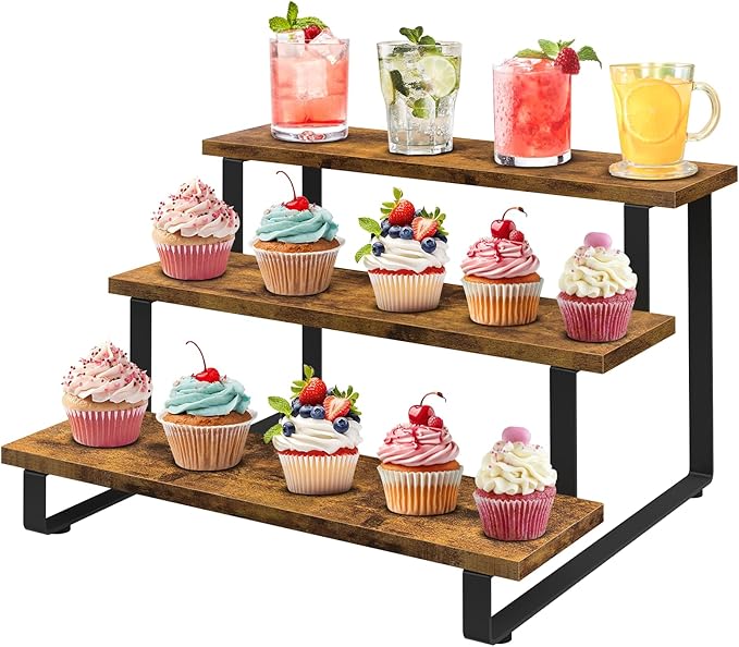 ELITEROO 3 Tier Straight Display Shelf, Portable Wood Retail Cupcake Dessert Stand Display Table, 3 Step Collectible Riser Stand, Tabletop Vendor Display Shelves Rack, Craft Show Countertop Risers