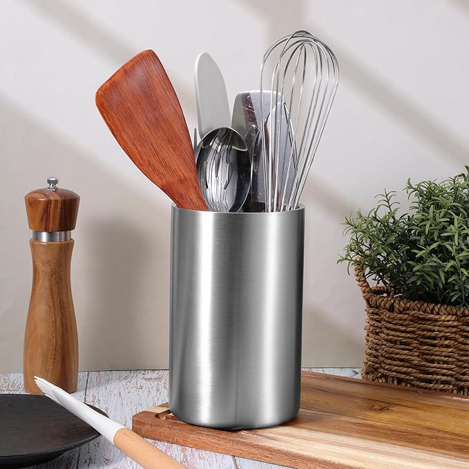 Cooking Utensil Holder for Kitchen Counter 4.7 x 7.5 inch Stainless Steel Sleek Kitchen Utensil Holder for Countertop Spatula Spoon Caddy Organizer, Silver