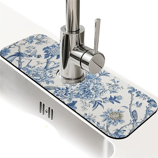 Kitchen Sink Splash Guard，Blue flowers and birds Faucet Mat Sink Gadgets-Super Absorbent Fast Drying Mat Drip Catcher for Kitchen, Bathroom,Sink Mat, Dish Drying Mat, Bathroom(15" X 5.5" )