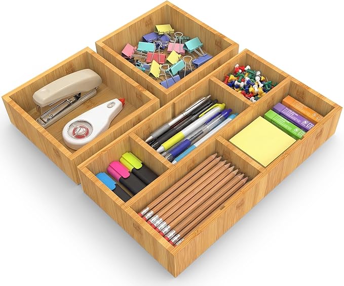 KOCWELL Bamboo Desk Drawer Organizer with Removable Dividers,Multi-Use Office Drawer Organizer Tray,Junk Drawer Organizers for Office,School,Kitchen,Makeup Supply（Original）