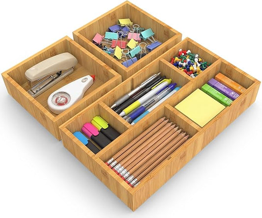 KOCWELL Bamboo Desk Drawer Organizer with Removable Dividers,Multi-Use Office Drawer Organizer Tray,Junk Drawer Organizers for Office,School,Kitchen,Makeup Supply（Original）