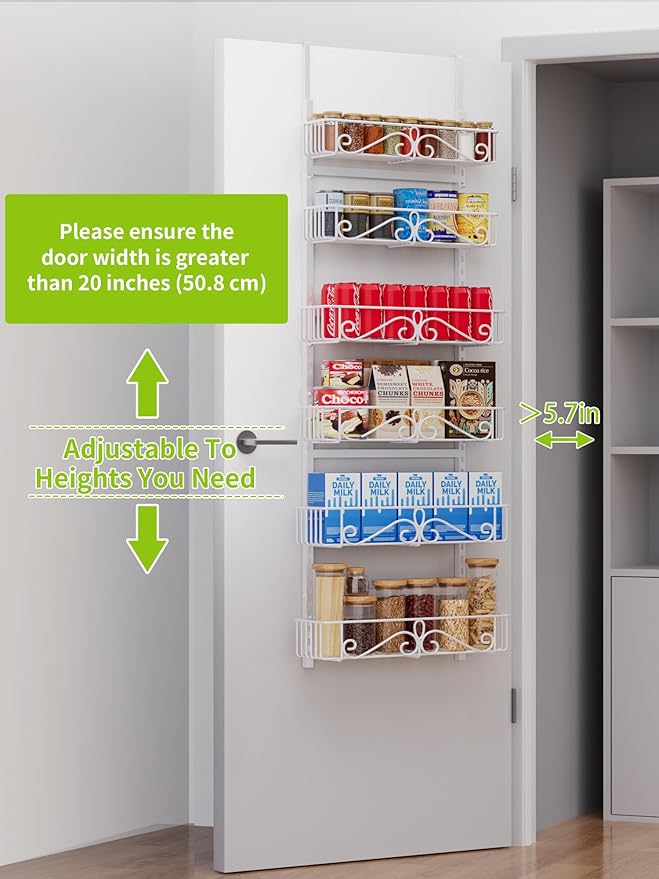 6-Tier Over the Door Pantry Organizer, Over the Pantry Organization And Storage, Pantry Door Organization, Home Laundry Room Bathroom & Kitchen Organization Essentials Metal, White