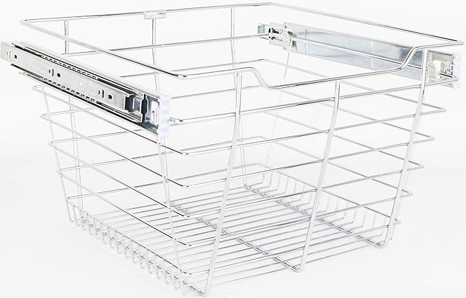 Closet Pull-Out Basket 16"DX17"WX11"H. Heavy-duty wire construction and 100# rated BBS slides (303 series) easily installs in 32mm applications. Finish: Chrome
