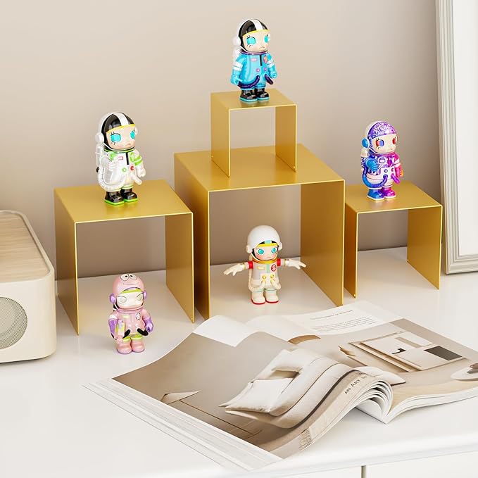 Matte Metal Display Stand,6 Pcs 2 Set Display Risers for Display, Metal Rectangular Display Shelf for Showcase, Dessert, Toys, Perfume (Gold, 3''x4''x5 x6)