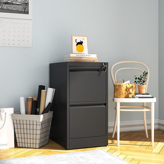 2 Drawers File Cabinet, Vertical File Cabinets with Lock for Home Office,Heavy Duty Office Steel Filing Cabinet for Hanging Letters/Legal/A4, Assembly Required,Black