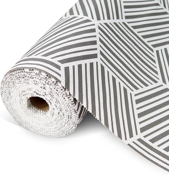 Shelf Liner Drawer Liner for Kitchen Cabinet Non-Adhesive Cabinet Liners Thickened Slip Resistant Waterproof Shelf Paper Protect Cupboard Dresser Shelves, Gray Hexagonal Geometric Stripe 11.8In x 10FT